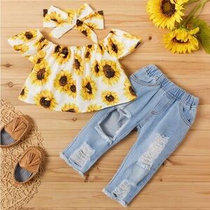 PatPat 3pcs Sunflower Print Short-sleeve Baby Set, Perfect for Outdoor
